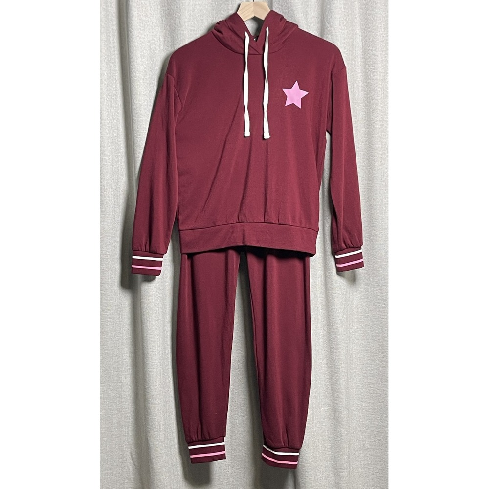 AQUA Lounge Jogger Set Womens Small Merlot Star Hoodie Jogger Pants 2 Piece Set